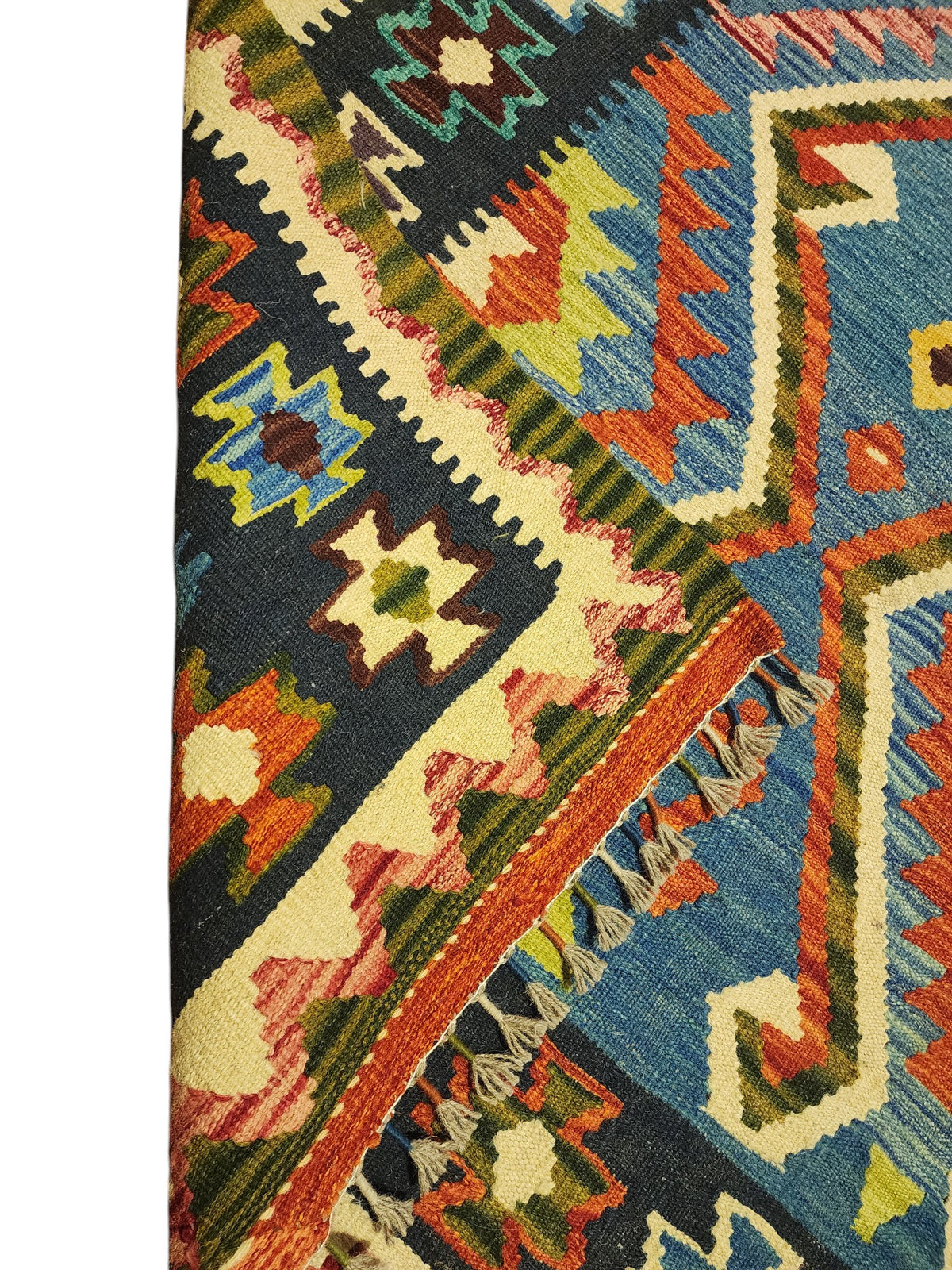Afghan Kilim Rug 5x7, Blue, Navy & Rust, Diamond Medallion Wool Flatweave, Ivory Accents, view 3