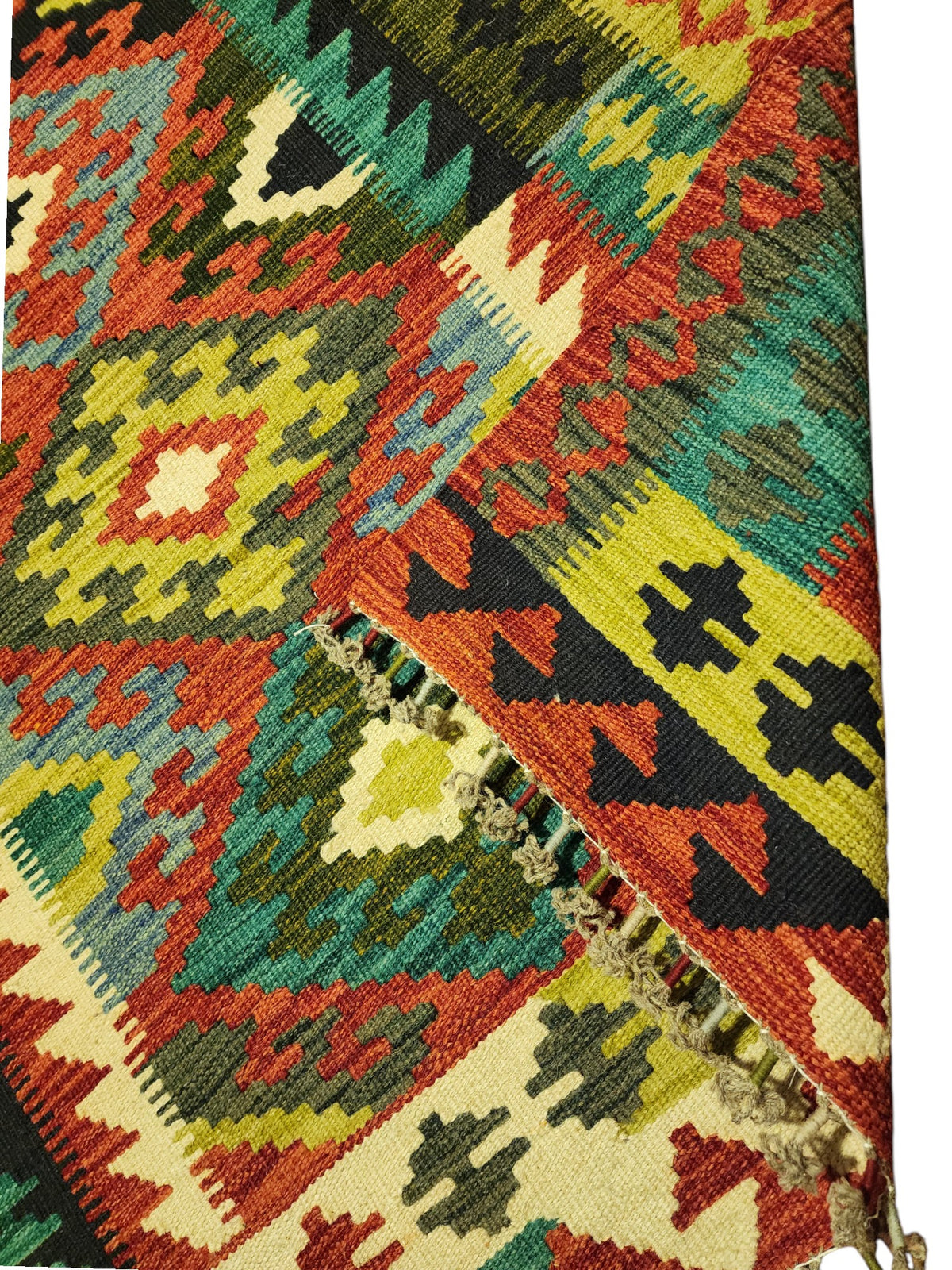 Afghan Kilim Rug 3x5, Rust, Teal & Green, Hand-Woven Wool Flatweave, view 3