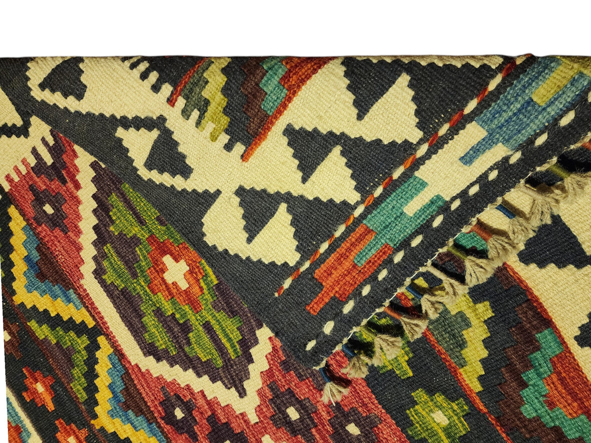 Afghan Kilim Rug 4x5, Black, Ivory & Rust, Hand-Woven Wool Flatweave, view 3