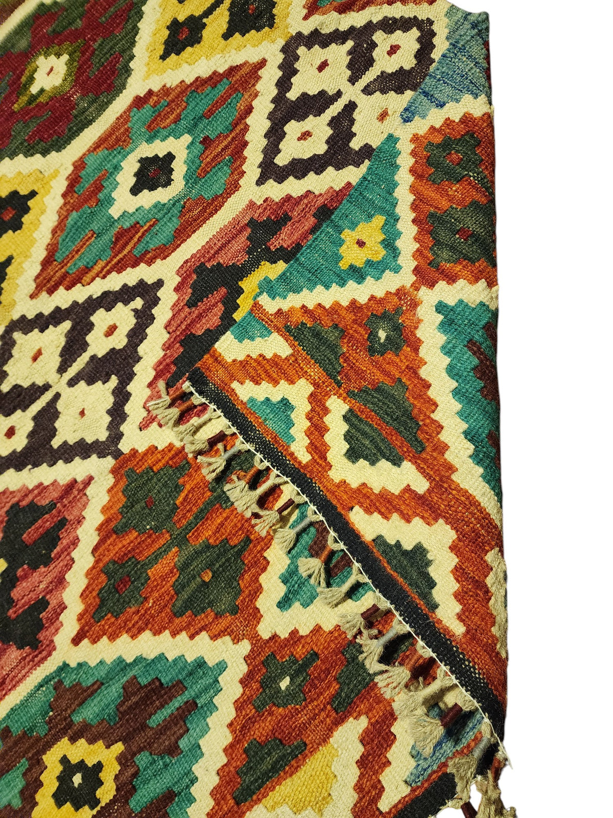Afghan Kilim Rug 3x5, Rust, Ivory & Teal, Diamond Lattice Wool Flatweave, view 3