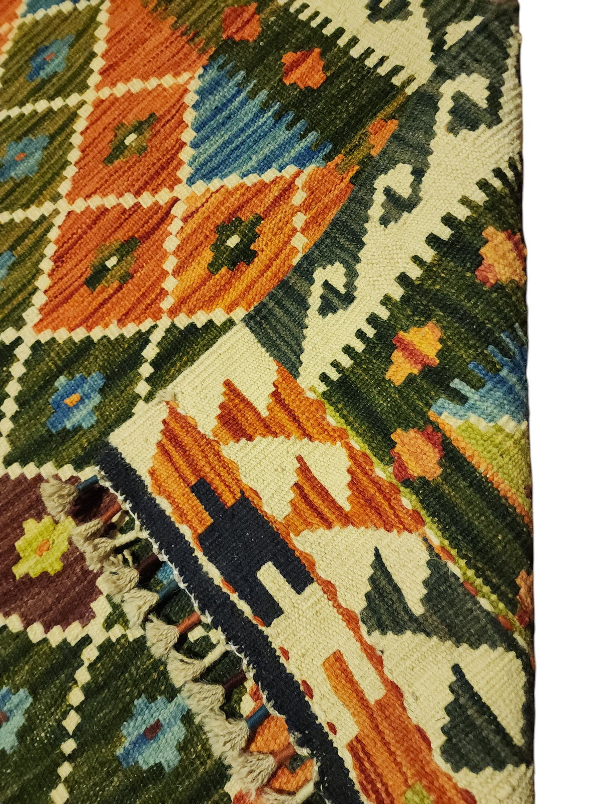 Afghan Kilim Rug 3x5, Green, Orange & Ivory, Hand-Woven Wool Flatweave, view 3