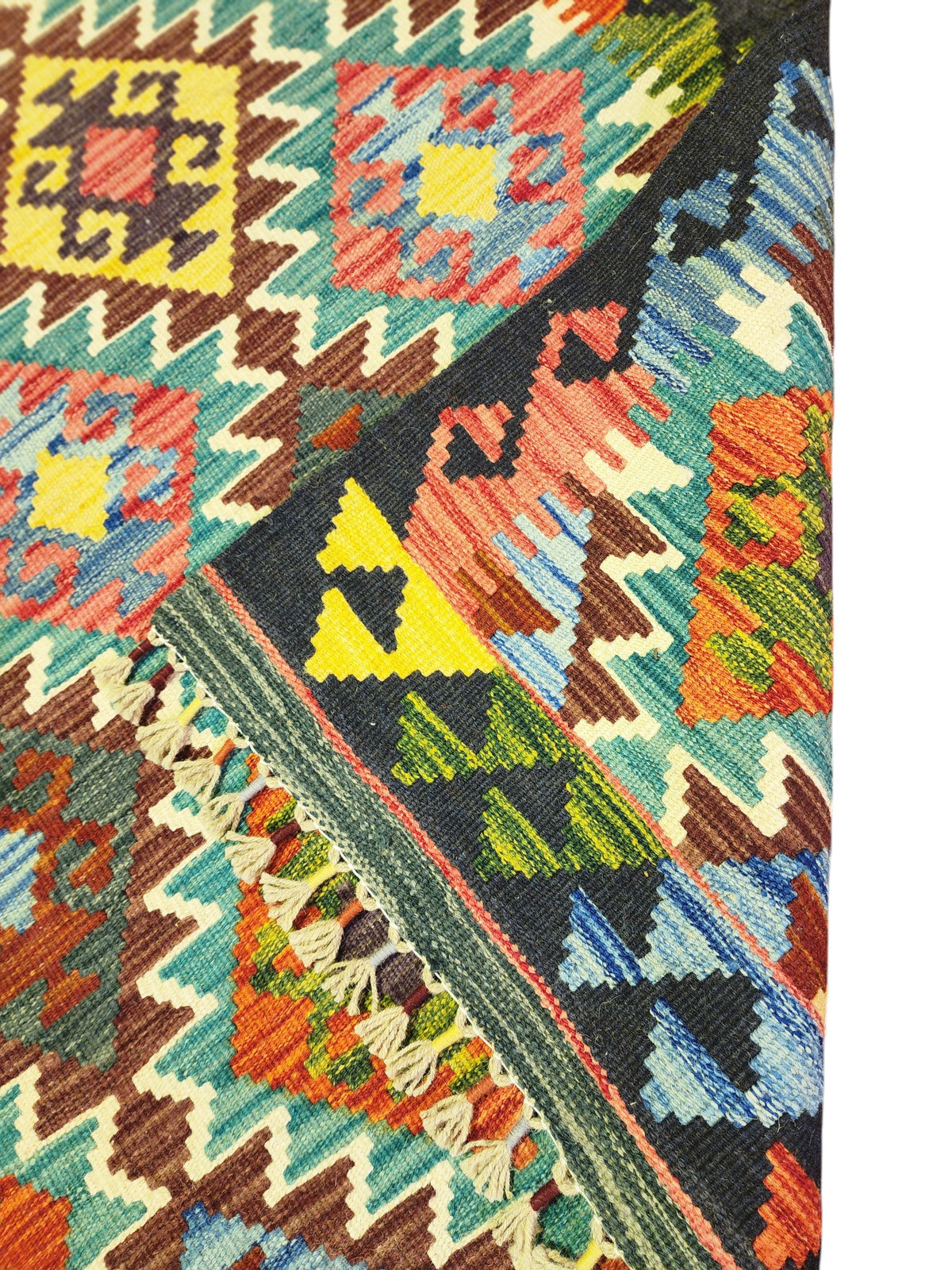 Afghan Kilim Rug 4x5, Teal, Rust & Navy, Diamond Lattice Wool Flatweave, view 3