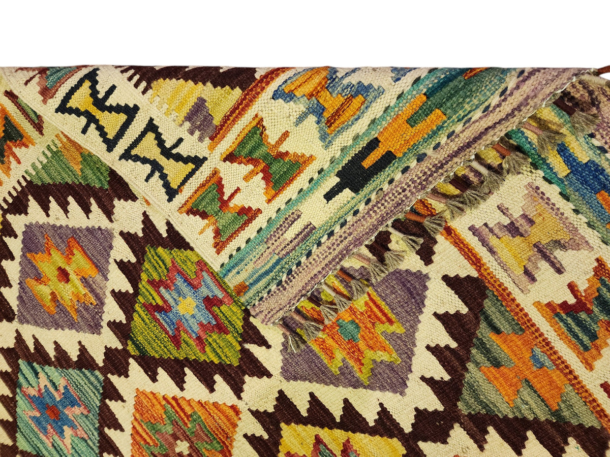 Afghan Kilim Rug 3x5, Ivory, Brown & Orange, Hand-Woven Wool Flatweave, view 3