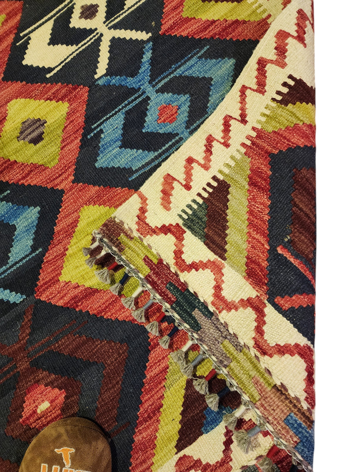 Afghan Kilim Rug 3x5, Navy, Rust & Olive Green, Hand-Woven Wool Flatweave, view 3