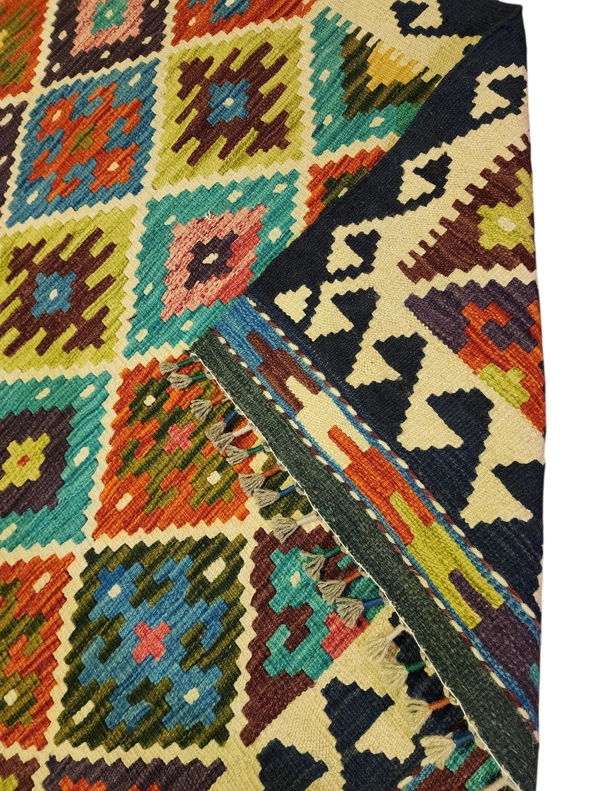 Afghan Kilim Rug 4x5, Navy, Ivory & Rust, Diamond Lattice Wool Flatweave, view 3