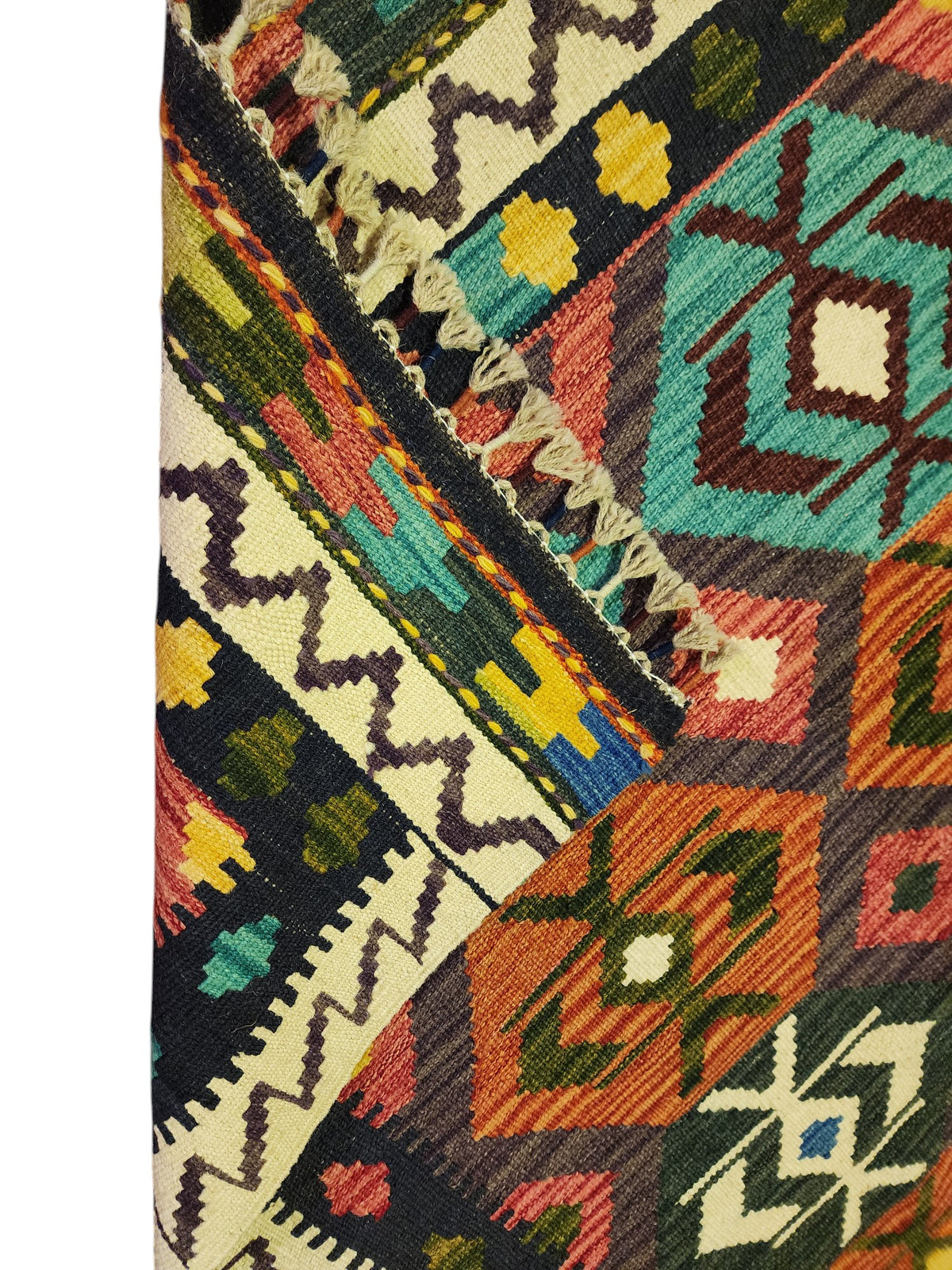 Afghan Kilim Rug 3x5, Navy, Orange & Teal, Diamond Lattice Wool Flatweave, view 3