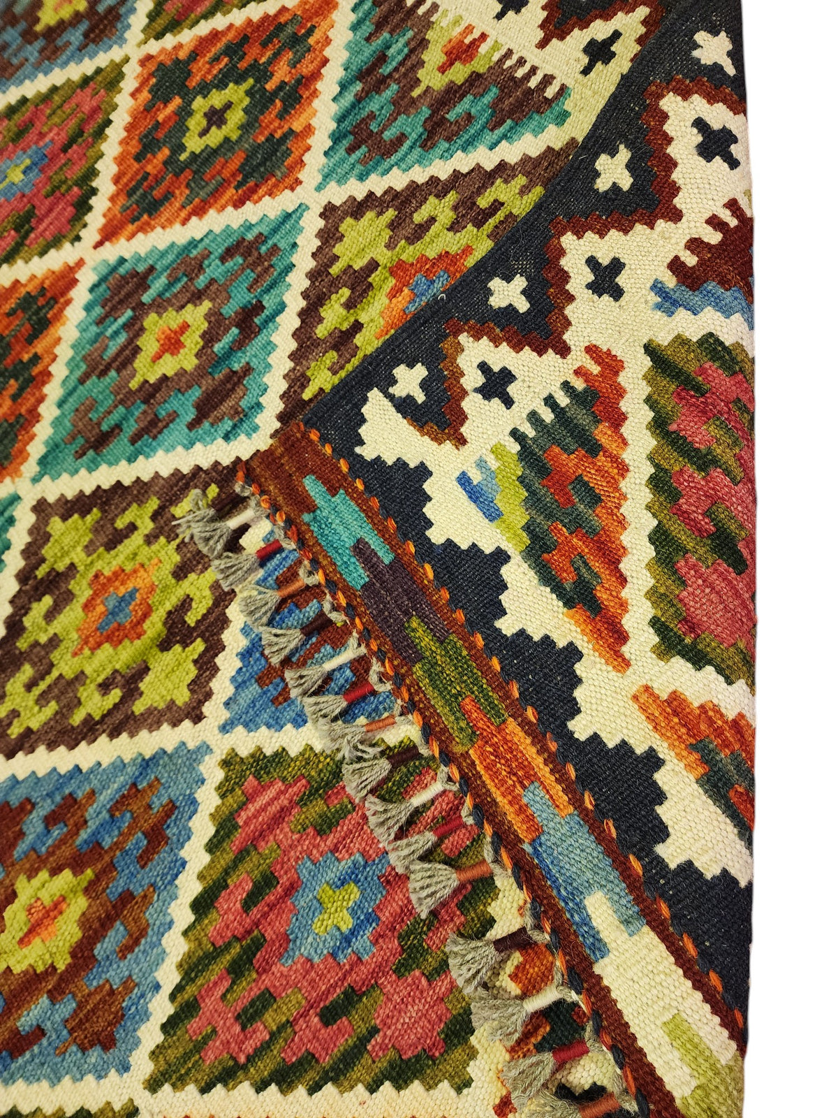 Afghan Kilim Rug 3x5, Rust, Olive Green & Blue, Diamond Lattice Wool Flatweave, view 3