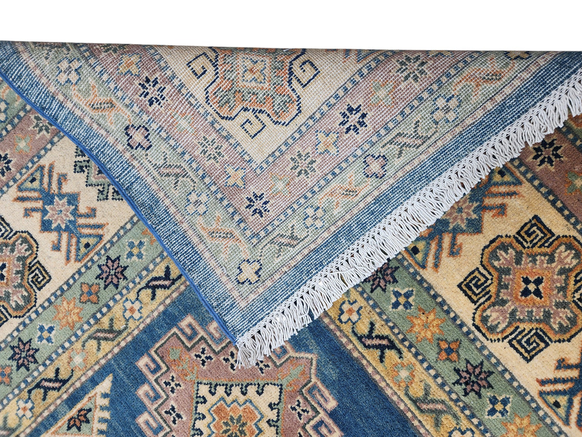 Afghan Kazak Rug 9x12, Blue, Ivory & Beige, Hand-Knotted Wool, view 4