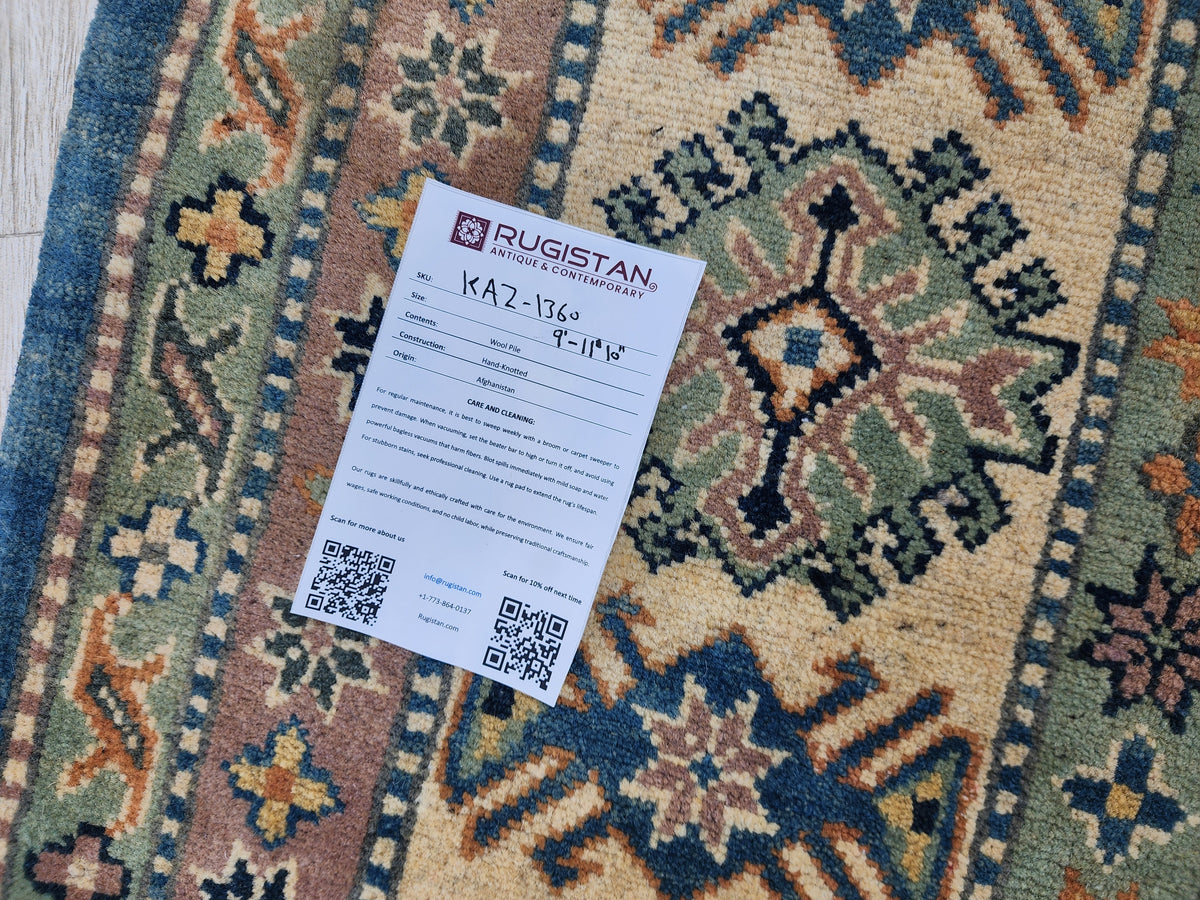 Afghan Kazak Rug 9x12, Blue, Ivory & Beige, Hand-Knotted Wool, view 5