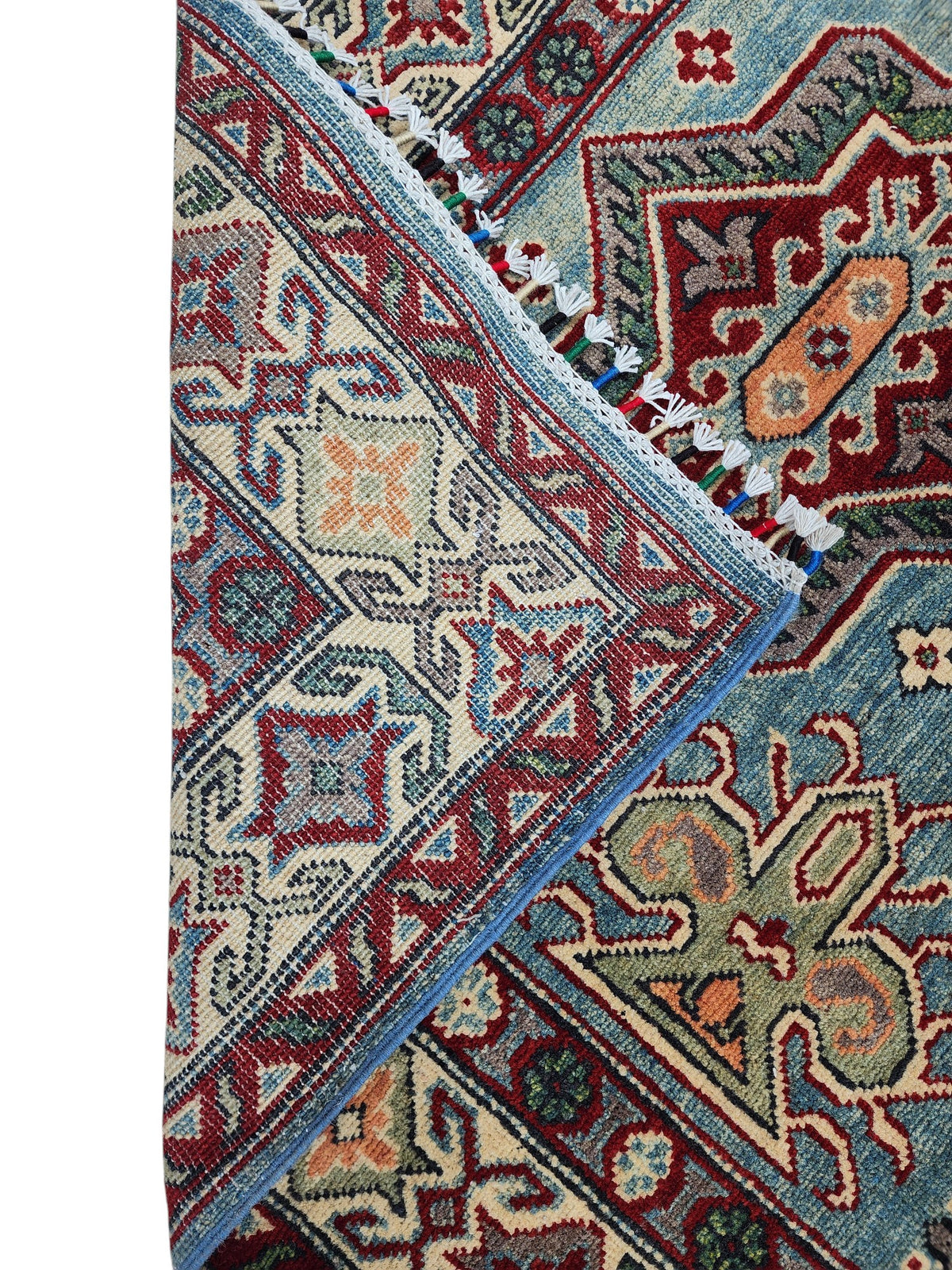 Afghan Kazak Rug 4'3" x 6', Hand-Knotted Wool, Cream, Red & Gray, view 4