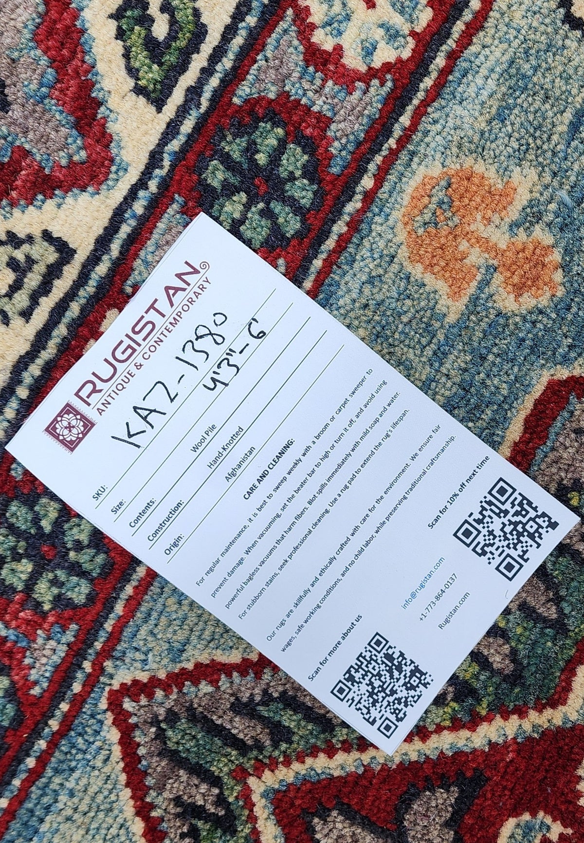 Afghan Kazak Rug 4'3" x 6', Hand-Knotted Wool, Cream, Red & Gray, view 5