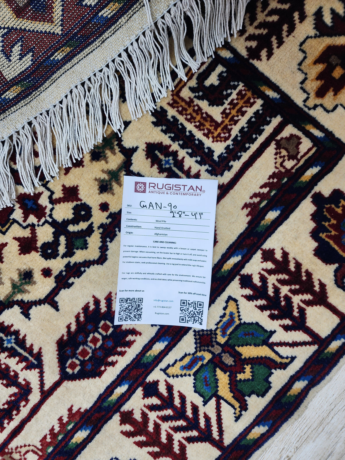 Afghan Gandom Rug 2'7" x 4', Hand-Knotted Wool, Cream & Red, view 4