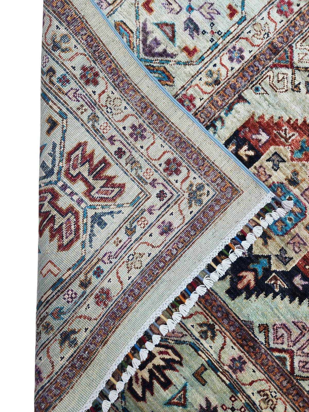 Afghan Kazak Rug 10' x 12'6", Hand-Knotted Wool, Blue, Cream & Gray, view 3