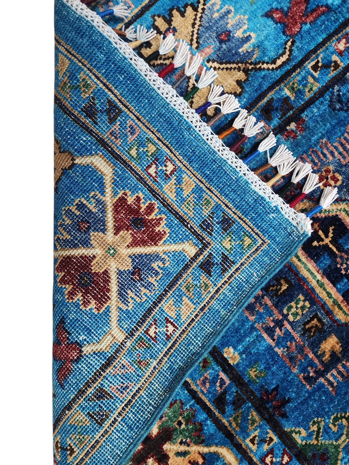 Afghan Kazak Rug 5x7, Blue, Gold & Navy, Hand-Knotted Wool, view 3
