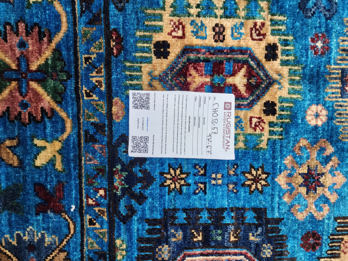 Afghan Kazak Rug 5x7, Blue, Gold & Navy, Hand-Knotted Wool, view 4
