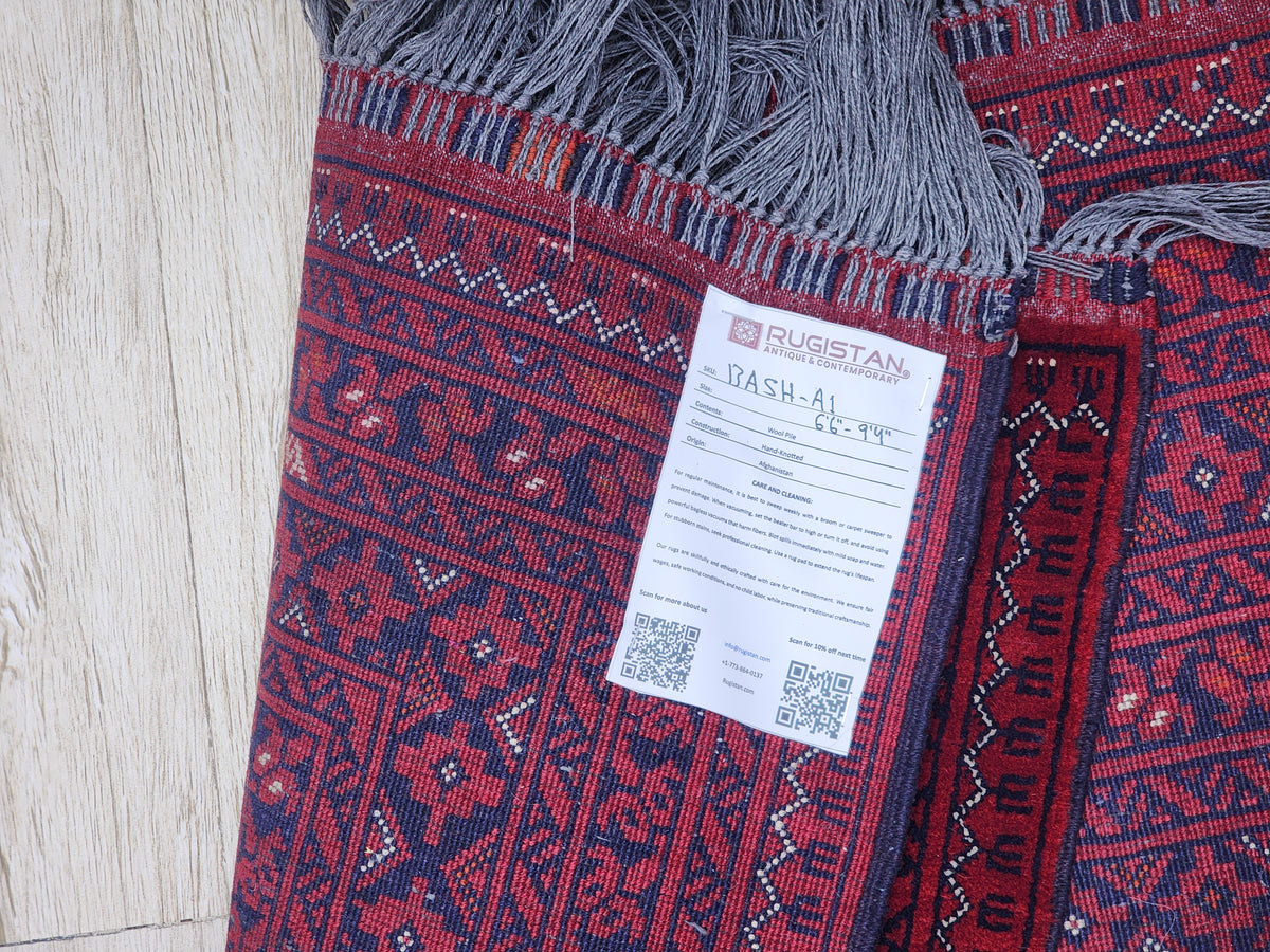 Afghan Beshir Gul Rug 7x9, Burgundy, Red & Navy, Hand-Knotted Wool, view 4
