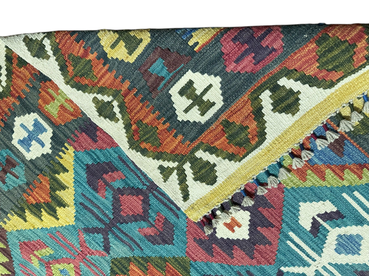 Afghan Kilim Rug 5x7, Teal, Rust & Green, Hand-Woven Wool Flatweave, view 3