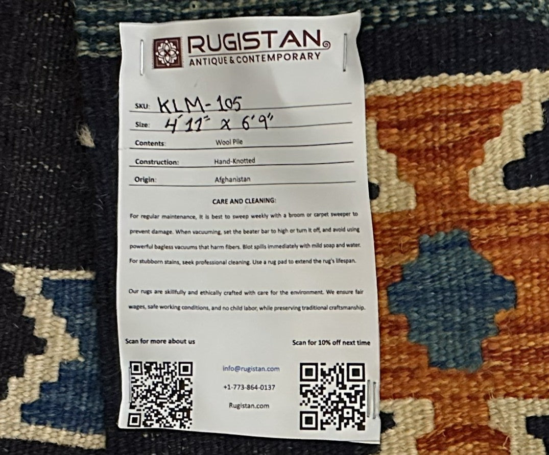 Afghan Kilim Rug 5x7, Teal, Navy & Rust, Hand-Woven Wool Flatweave, view 4