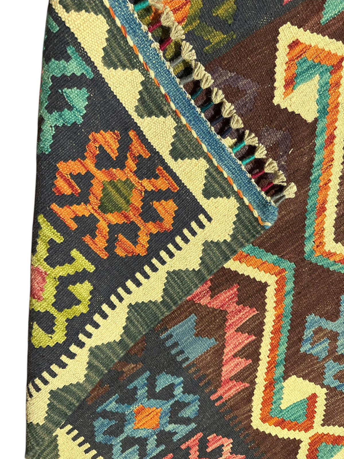 Afghan Kilim Rug 5x7, Brown, Navy & Ivory, Hand-Woven Wool Flatweave, view 3