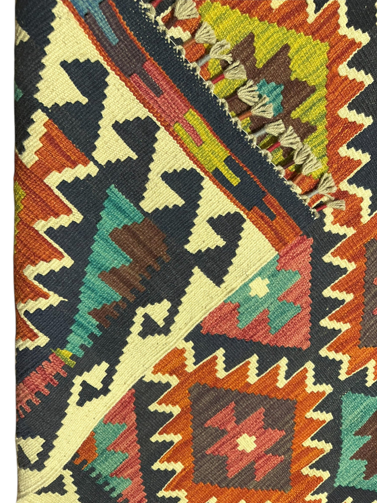 Afghan Kilim Rug 5x7, Navy, Rust & Teal, Hand-Woven Wool Flatweave, view 3