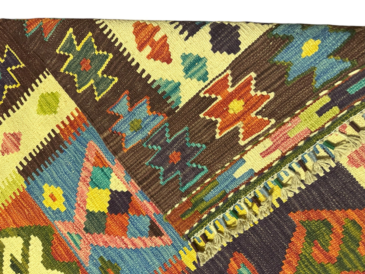 Afghan Kilim Rug 5x7, Brown, Ivory & Teal, Hand-Woven Wool Flatweave, view 3