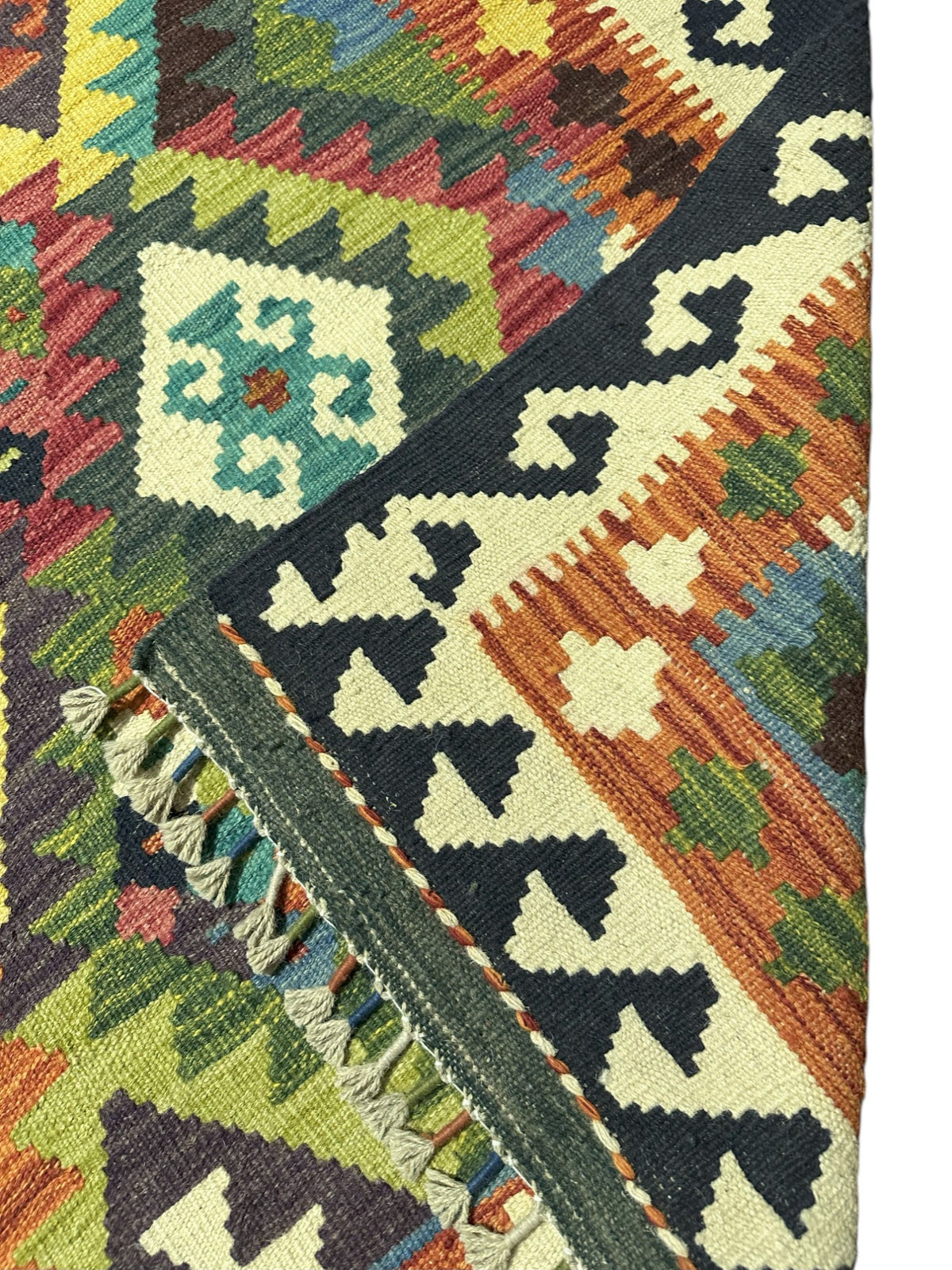 Afghan Kilim Rug 5x7, Rust, Teal & Navy, Diamond Lattice Wool Flatweave, view 3