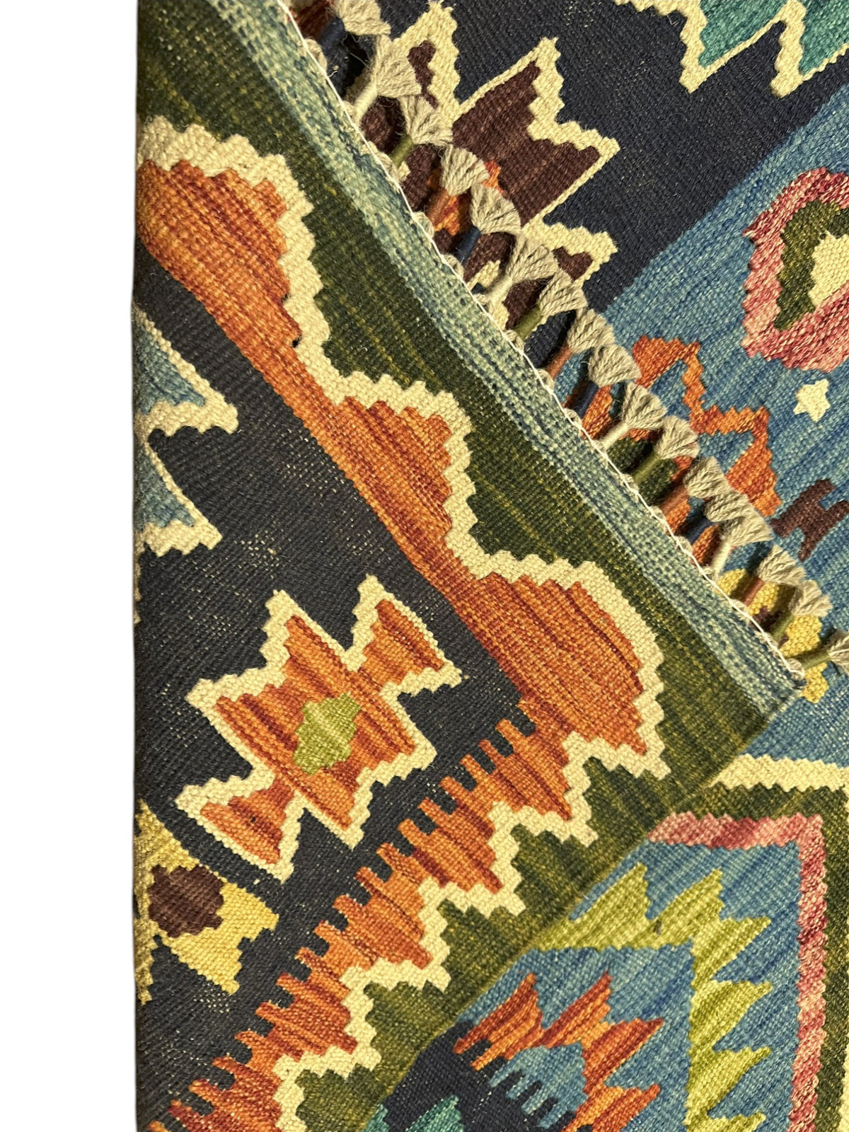 Afghan Kilim Rug 5x7, Blue, Navy & Orange, Hand-Woven Wool Flatweave, view 3