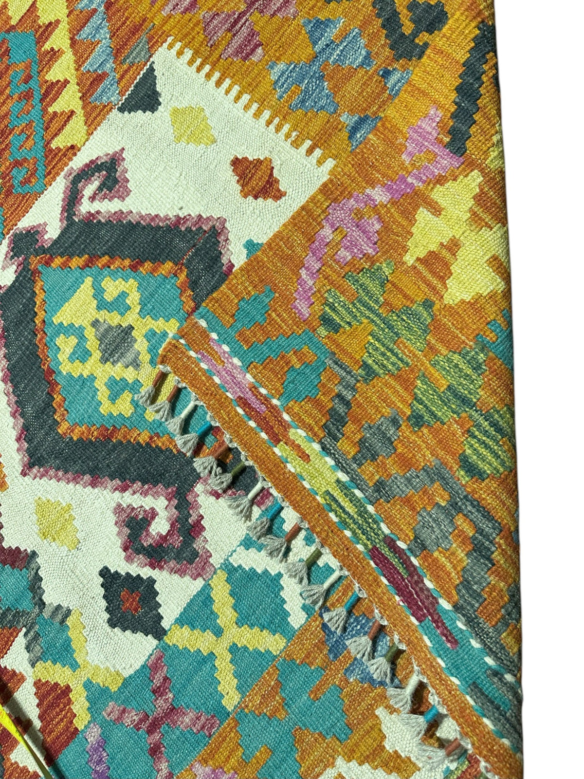 Afghan Kilim Rug 5x7, Gold, Teal & Ivory, Hand-Woven Wool Flatweave, view 3