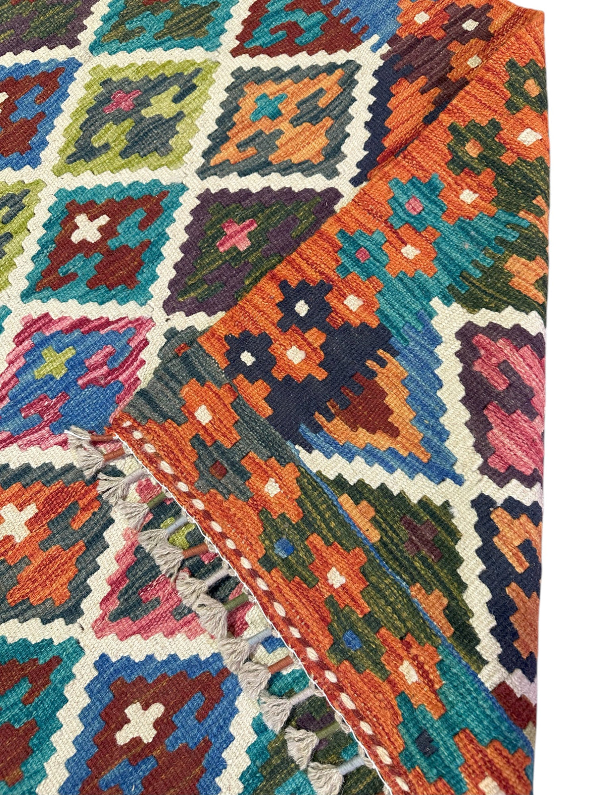 Afghan Kilim Rug 4x5, Orange, Teal & Olive Green, Hand-Woven Wool Flatweave, view 3