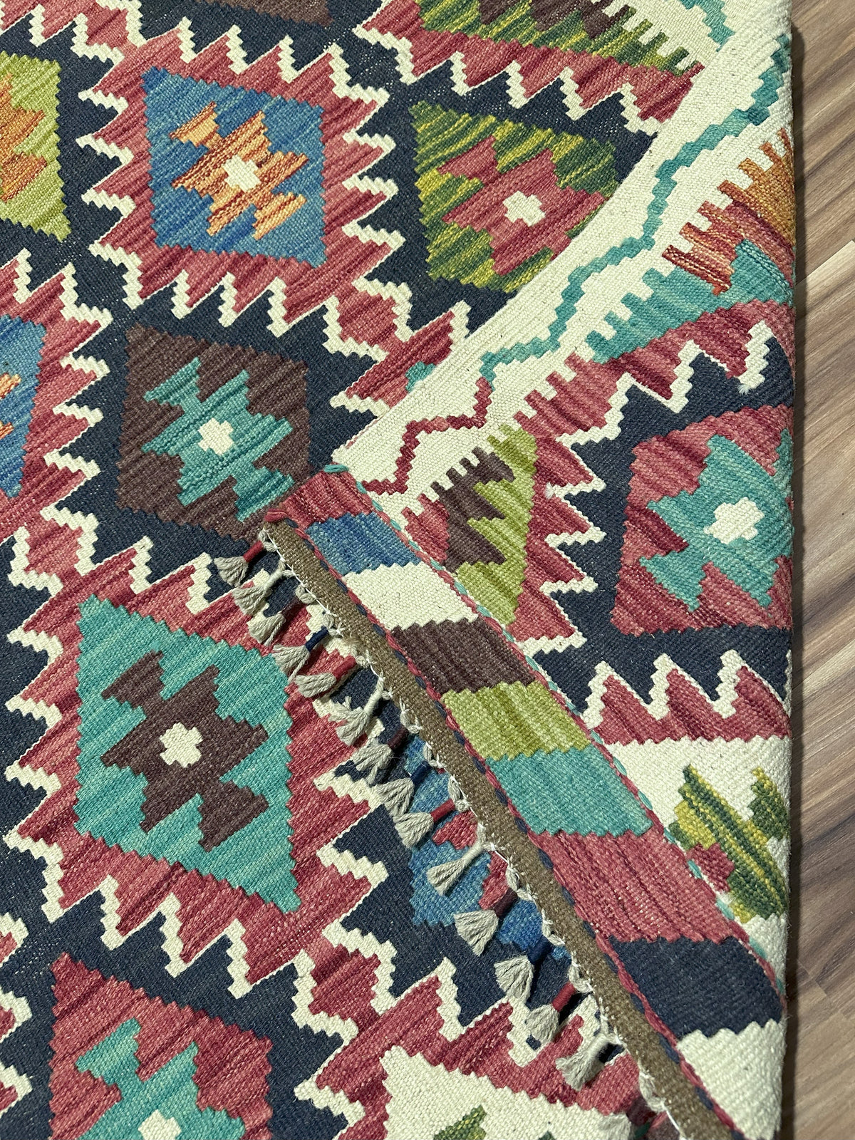 Afghan Kilim Rug 3x5, Navy, Pink & Teal, Hand-Woven Wool Flatweave, view 2