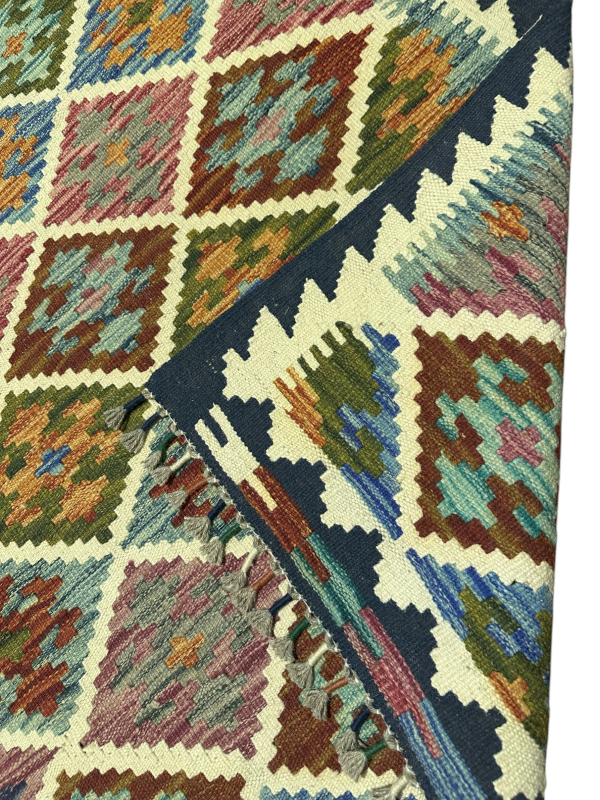 Afghan Kilim Rug 3x5, Ivory, Brown & Green, Hand-Woven Wool Flatweave, view 3