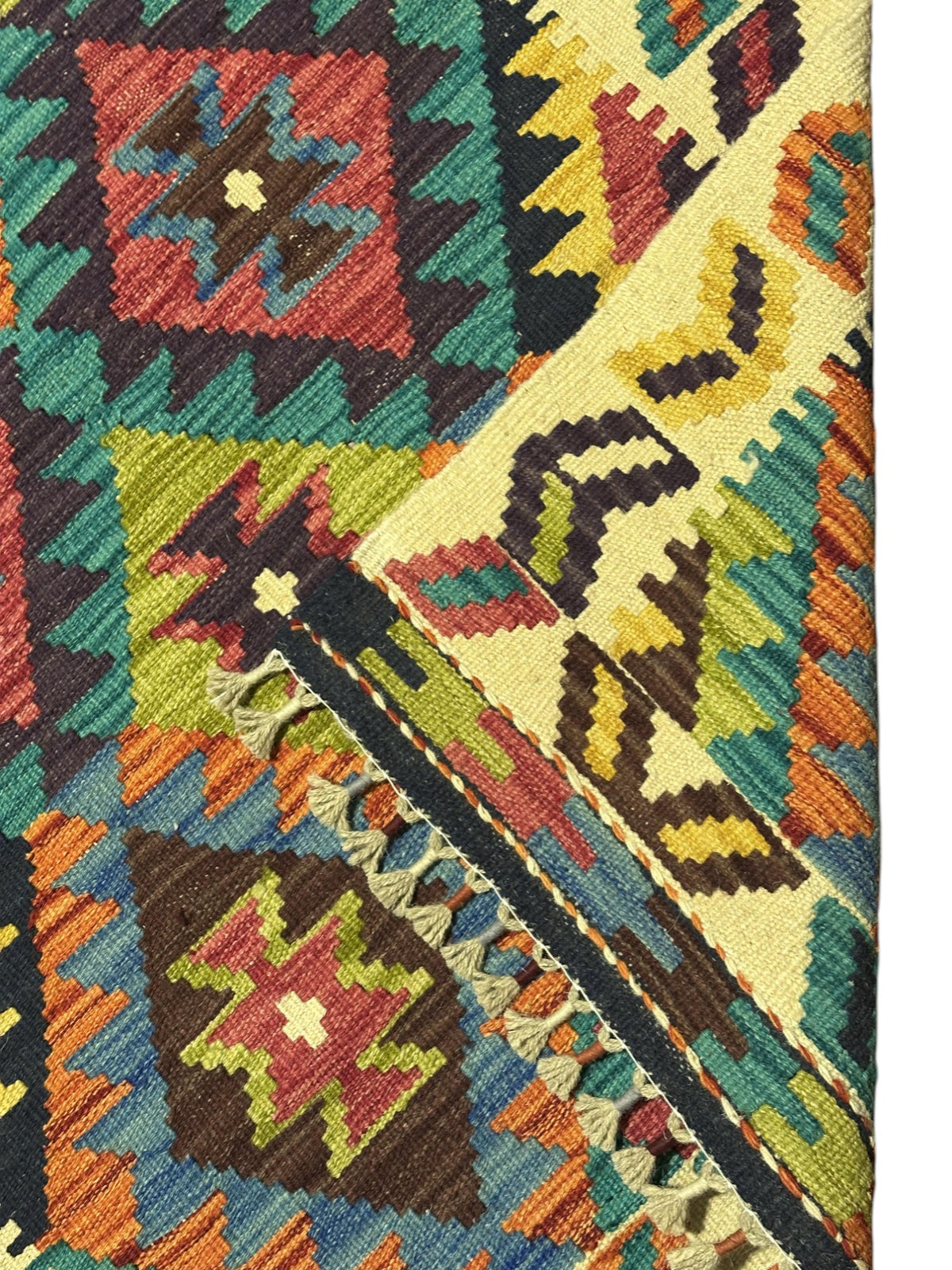 Afghan Kilim Rug 3x4, Brown, Ivory & Teal, Diamond Lattice Wool Flatweave, view 3
