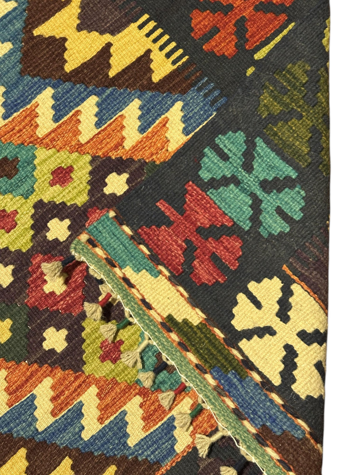 Afghan Kilim Rug 3x4, Navy, Orange & Teal, Diamond Medallion Wool Flatweave, view 3