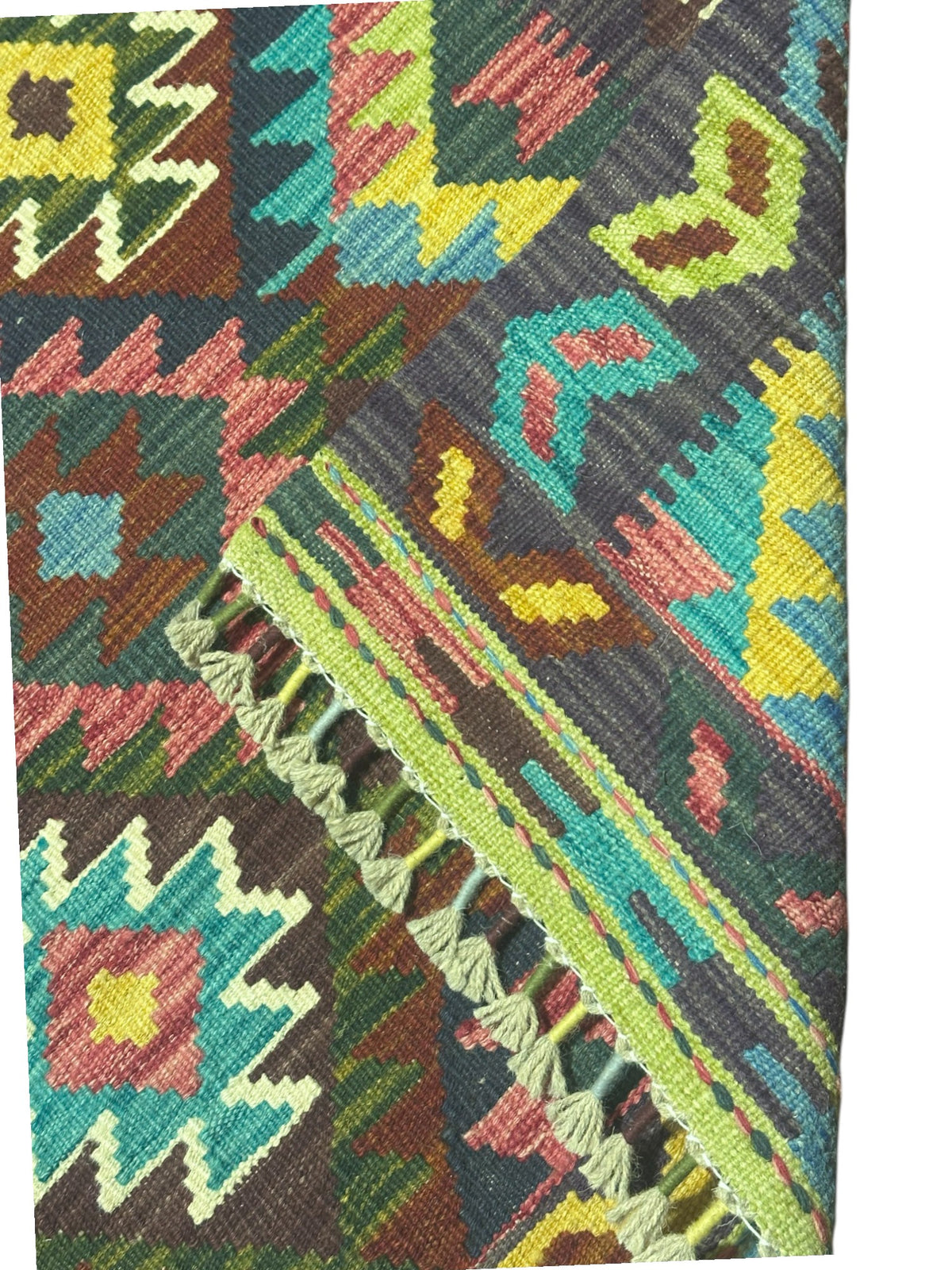 Afghan Kilim Rug 3x4, Brown, Teal & Pink, Diamond Lattice Wool Flatweave, view 3