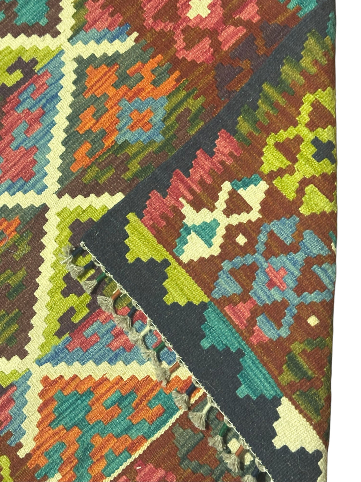 Afghan Kilim Rug 3x4, Brown, Ivory & Olive Green, Diamond Lattice Wool Flatweave, view 3
