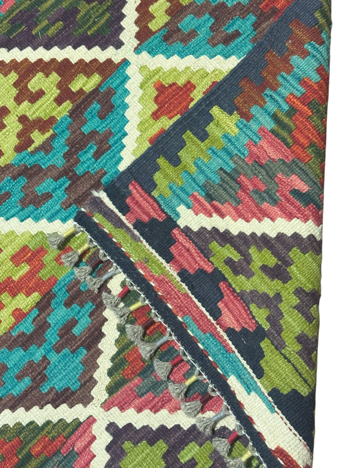 Afghan Kilim Rug 3x4, Navy, Teal & Olive Green, Diamond Lattice Wool Flatweave, view 3