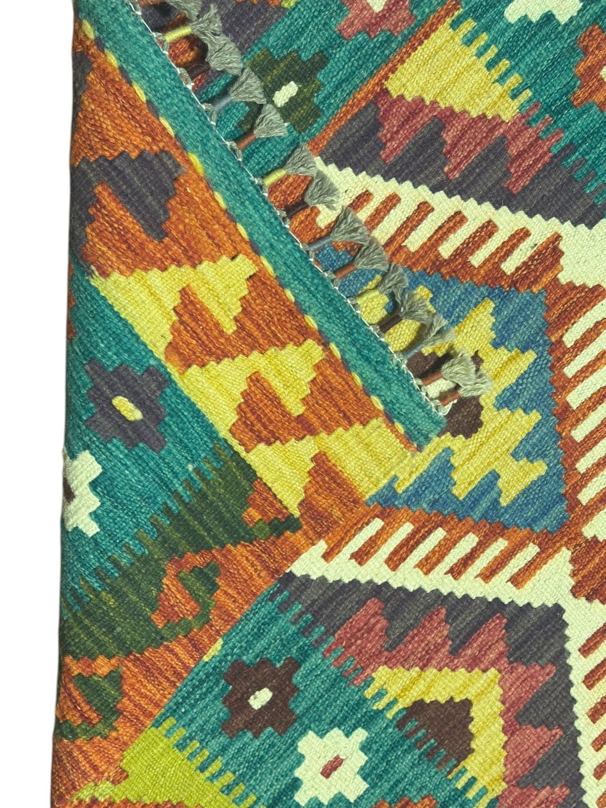 Afghan Kilim Rug 3x4, Teal, Rust & Ivory, Diamond Medallion Wool Flatweave, view 3