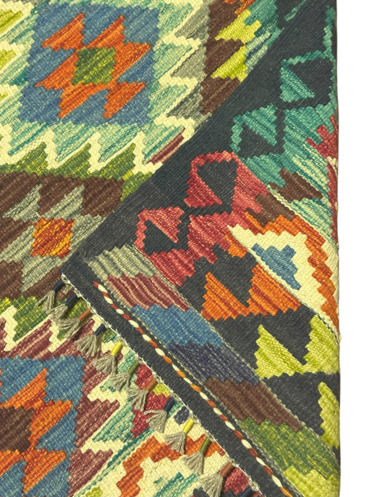 Afghan Kilim Rug 3x4, Navy, Teal & Olive Green, Hand-Woven Wool Flatweave, view 3
