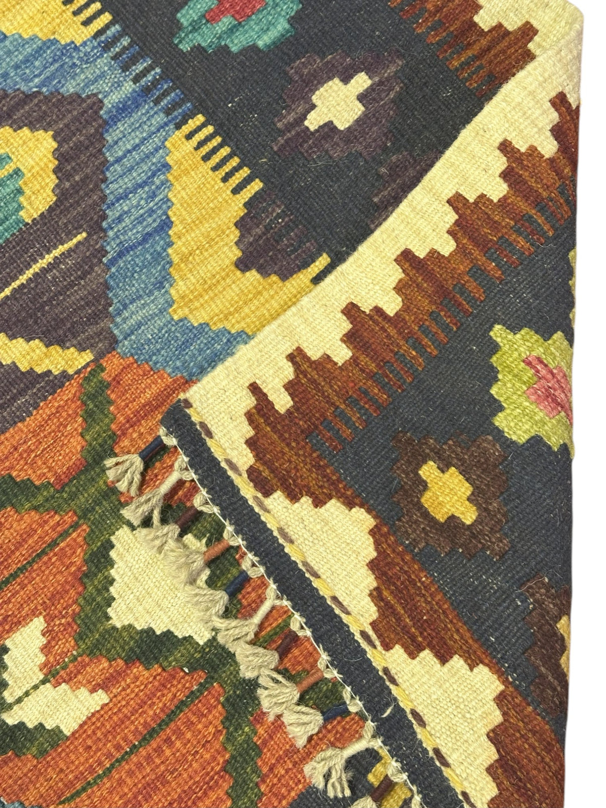Afghan Kilim Rug 3x4, Navy, Ivory & Blue, Hand-Woven Wool Flatweave, view 3