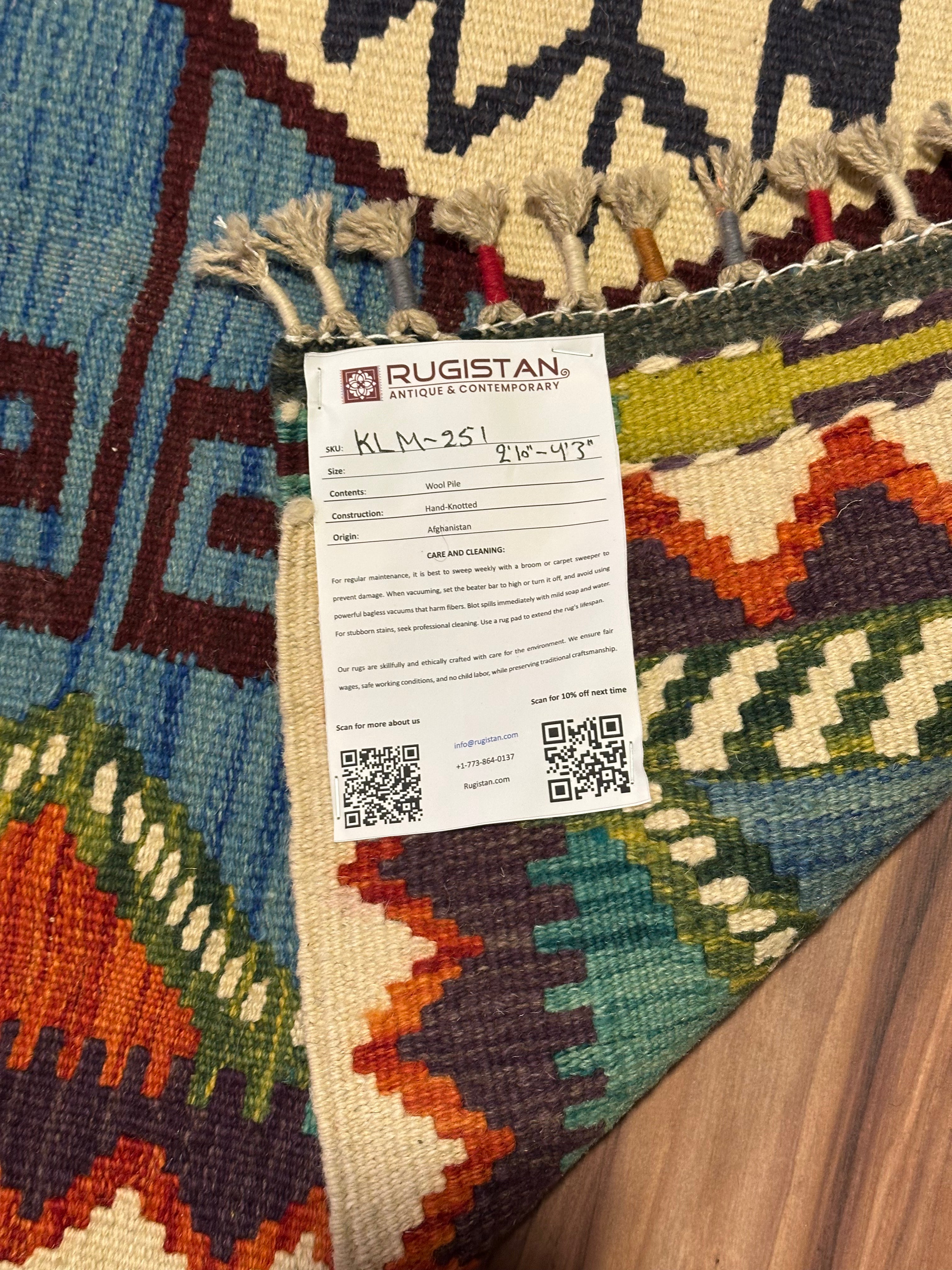 Afghan Kilim Rug 3x4, Blue, Ivory & Brown, Hand-Woven Wool Flatweave, view 4