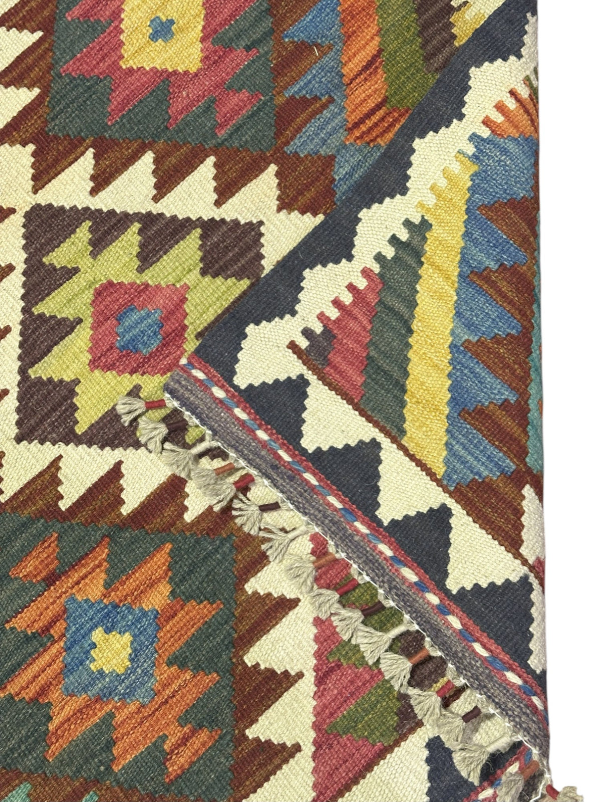 Afghan Kilim Rug 3x4, Brown, Ivory & Teal, Diamond Lattice Wool Flatweave, Olive Green Accents, view 3