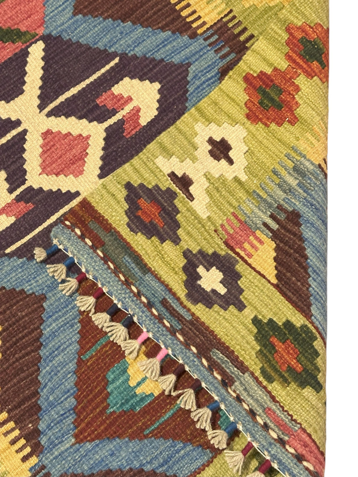 Afghan Kilim Rug 3x4, Olive Green, Brown & Blue, Hand-Woven Wool Flatweave, view 3