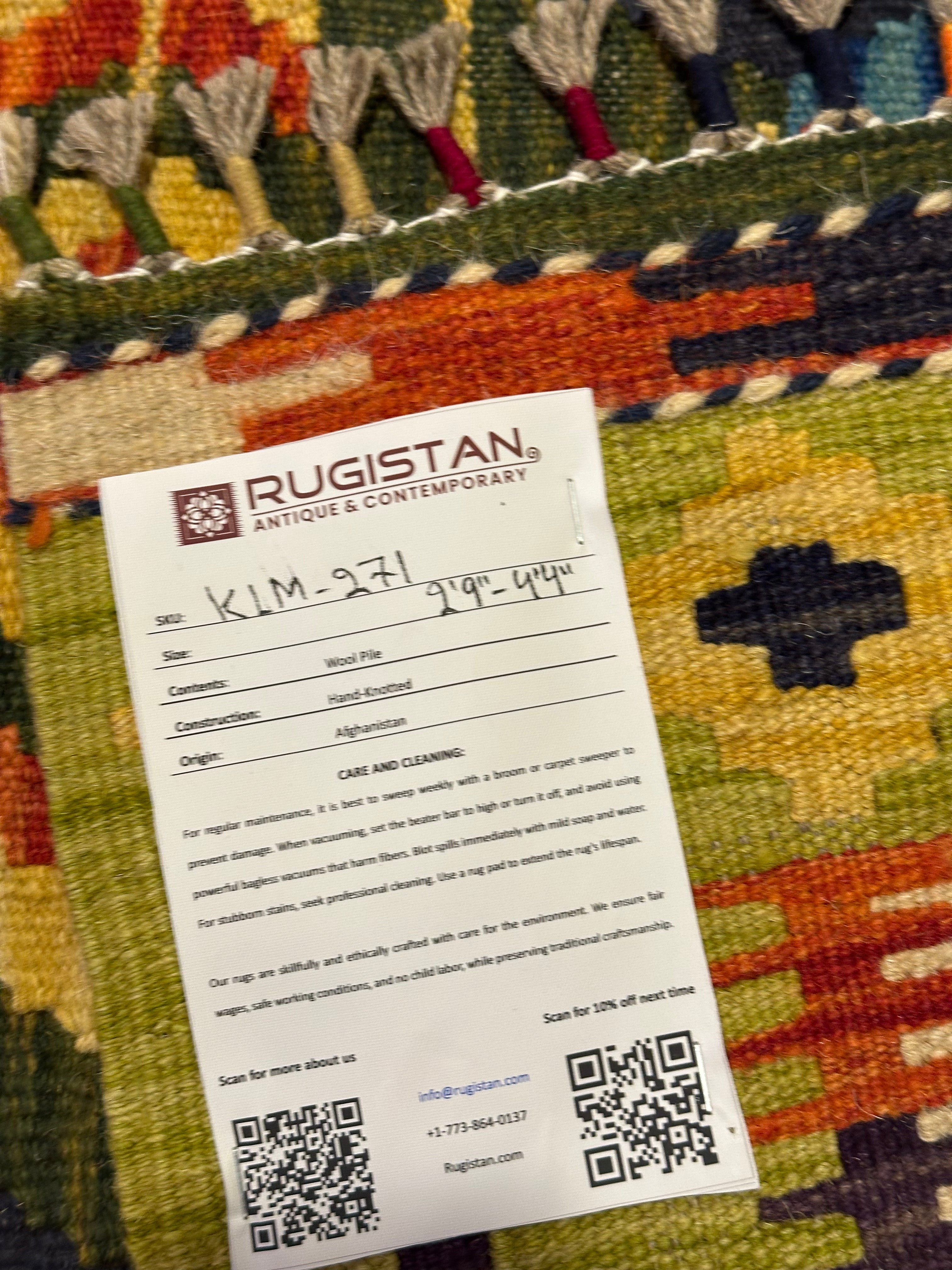 Afghan Kilim Rug 3x4, Olive Green, Navy & Ivory, Hand-Woven Wool Flatweave, view 4