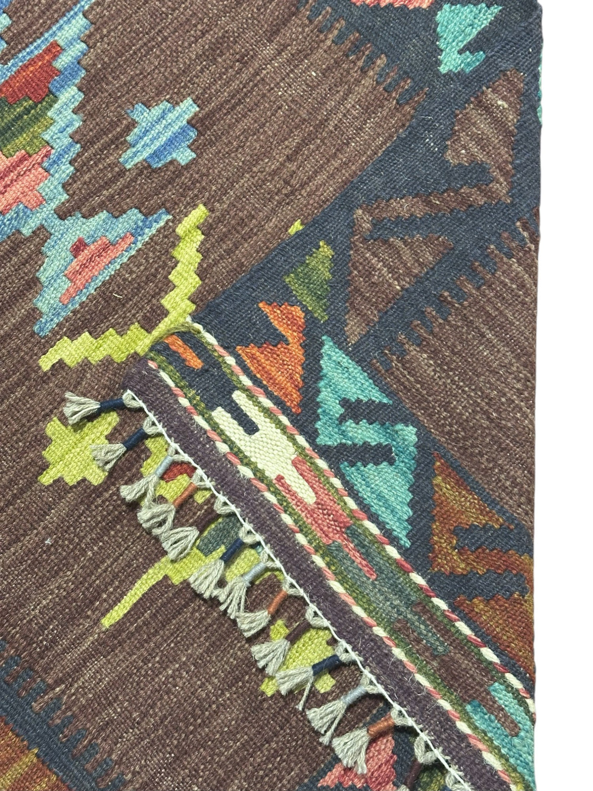 Afghan Kilim Runner 2x7, Brown, Navy & Teal, Hand-Woven Wool Flatweave, view 3