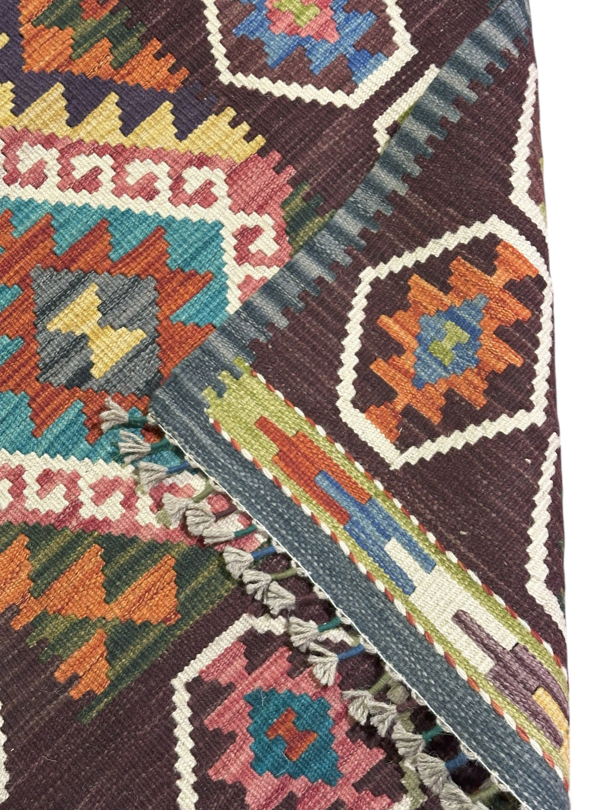 Afghan Kilim Runner 3x12, Brown, Ivory & Rust, Hand-Woven Wool Flatweave, view 3