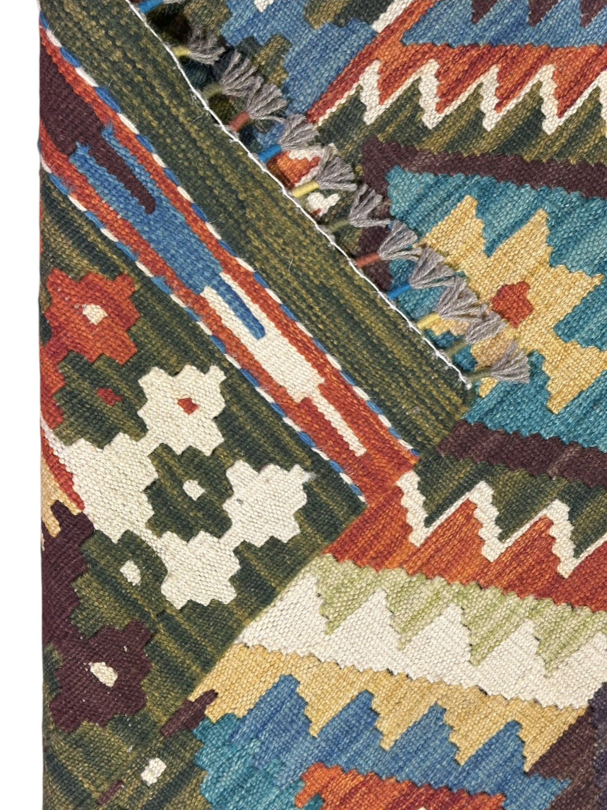 Afghan Kilim Runner 3x12, Olive Green, Navy & Ivory, Hand-Woven Wool Flatweave, view 3