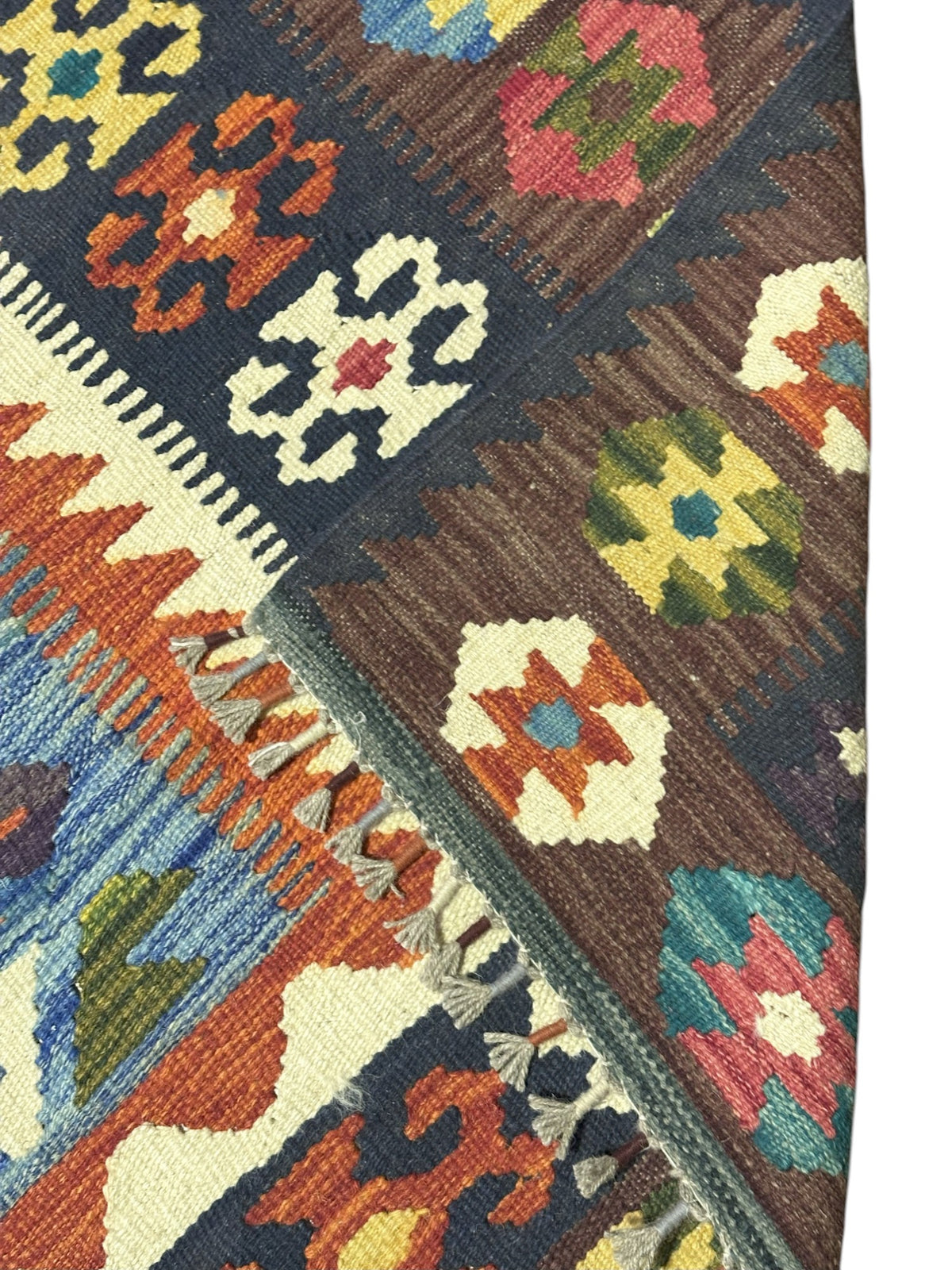 Afghan Kilim Rug 7x10, Blue, Navy & Rust, Diamond Medallion Wool Flatweave, Ivory Accents, view 3