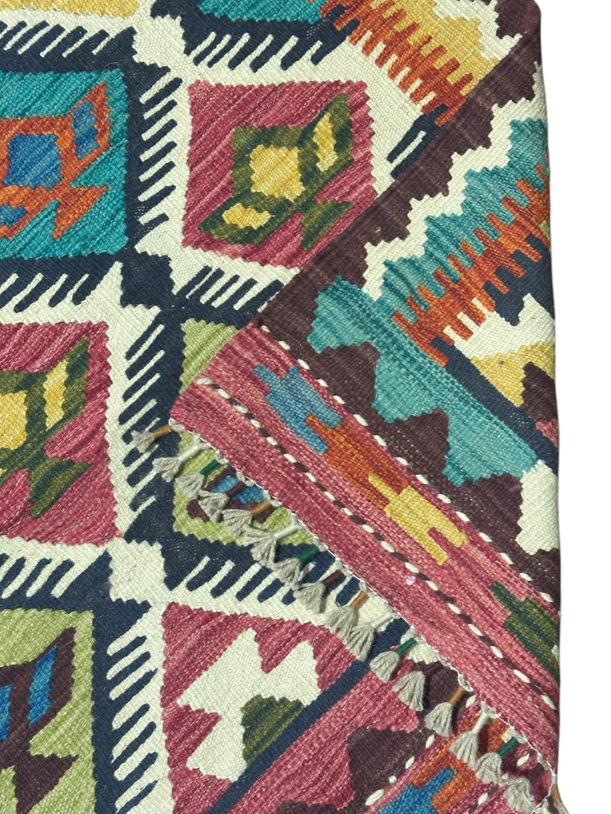 Afghan Kilim Rug 7x10, Navy, Ivory & Teal, Hand-Woven Wool Flatweave, view 3