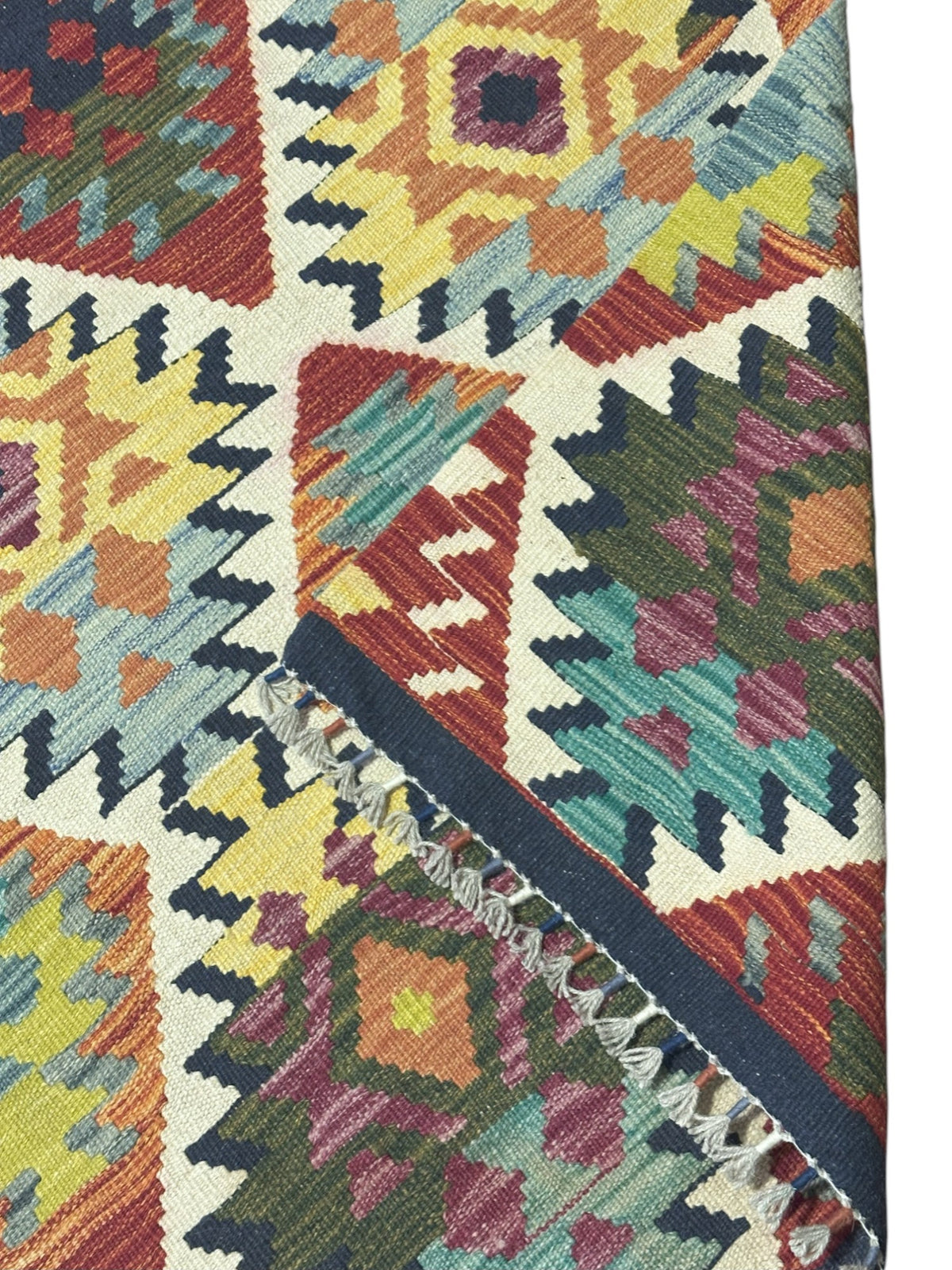 Afghan Kilim Rug 7x10, Rust, Teal & Ivory, Hand-Woven Wool Flatweave, view 3