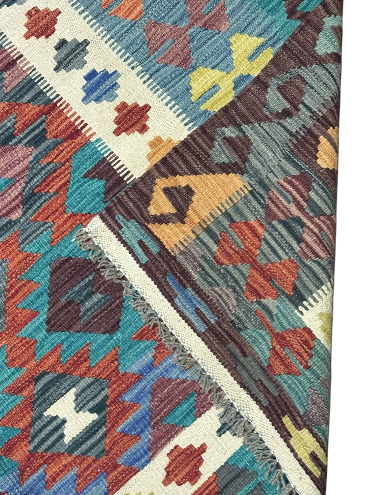 Afghan Kilim Rug 5x6, Rust, Teal & Brown, Hand-Woven Wool Flatweave, view 3